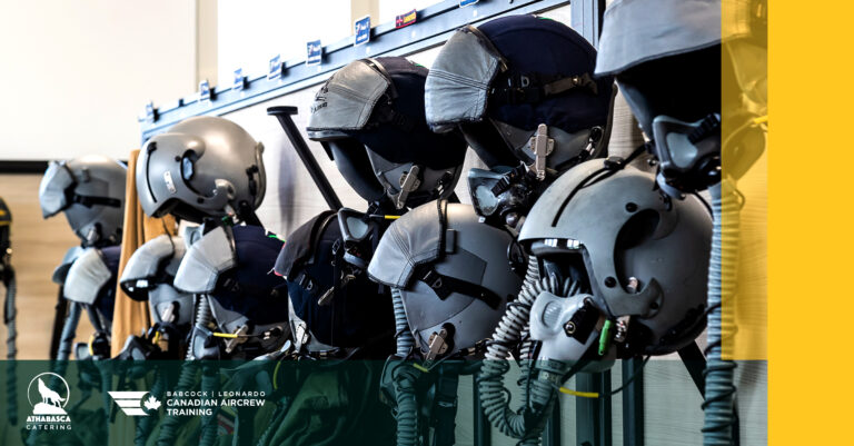 Leonardo Babcock Flight Helmets Hanging on Wall - Branded with Athabasca Catering Logo